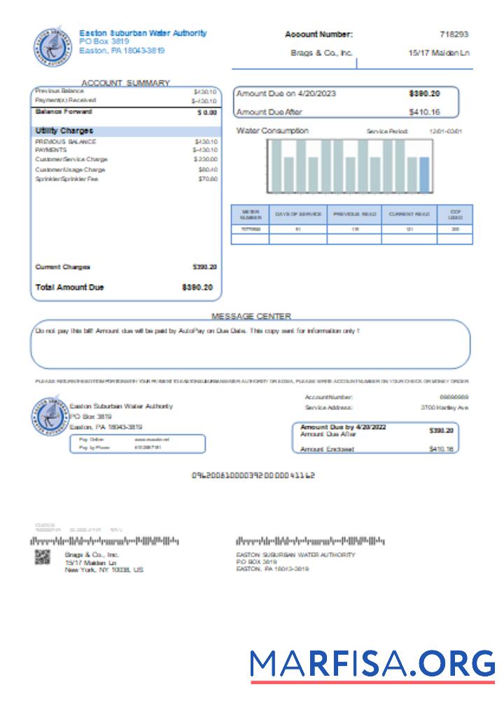 Printable Easton Suburban Water Authority utility business bill, SCR real example